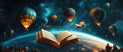 OPEN BOOK With HOT AIR BALLOONS FLYING OVER EARTH And MANY STARS In