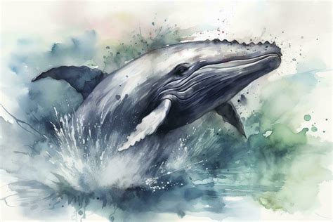 A whale breaching in a stormy ocean watercolor painting, beautiful natural forms, crisp clean ...