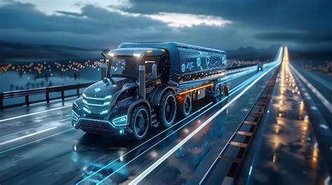 Premium Photo Futuristic Holographic Tractor Truck Gliding On Neon