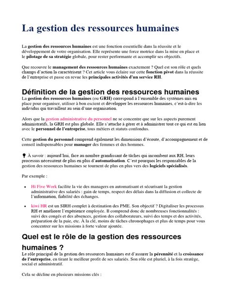 La Gestion Des Ressources Humaines Pdf