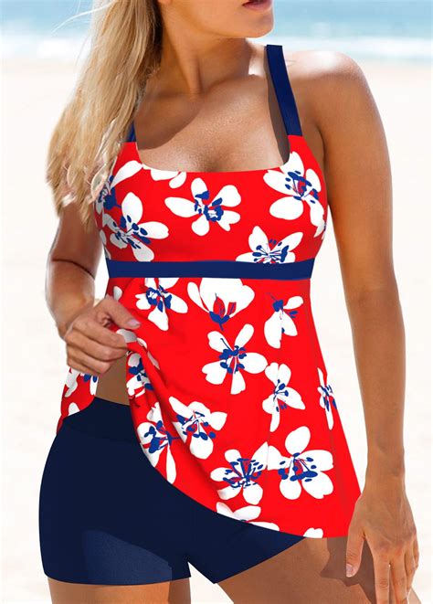 Criss Cross Red Floral Print Tankini Set