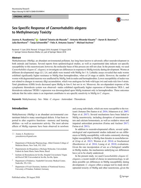 Pdf Sex Specific Response Of Caenorhabditis Elegans To Methylmercury