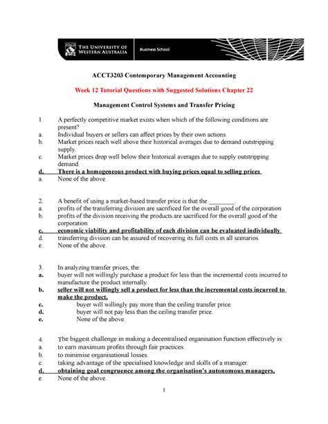Chp 22 Tute Qns Solns ACCT3203 Contemporary Management Accounting