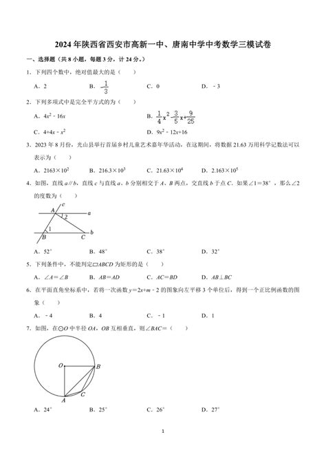 [数学]2024年陕西省西安市高新一中、唐南中学中考数学三模试卷 无答案 试卷下载预览 二一课件通