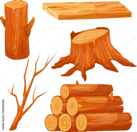 Wood Log Set Cartoon Wooden Tree Stump Lumber Trunk Plank Cut Piece