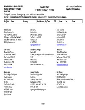 Fillable Online Mission Sfgov REGISTRY OF RFQ HOLDERS As Of 12 17 07