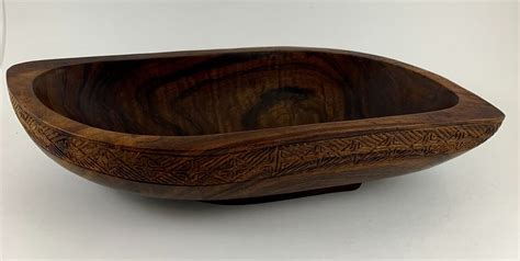 Vintage Mcm Hand Carved Black Walnut Wood Centerpiece Bowl Fruit Ebay