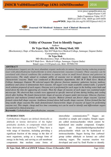 Pdf Utility Of Osazone Test To Identify Sugars