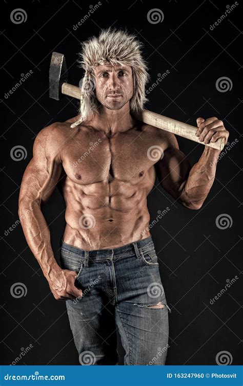 Brutality Is New Sexy Lumberjack Woodman Naked Muscular Torso Man Brutal Attractive Guy Stock