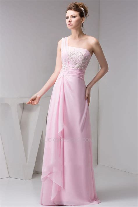 A Line One Shoulder Long Pink Chiffon Prom Evening Dresses Ed010826