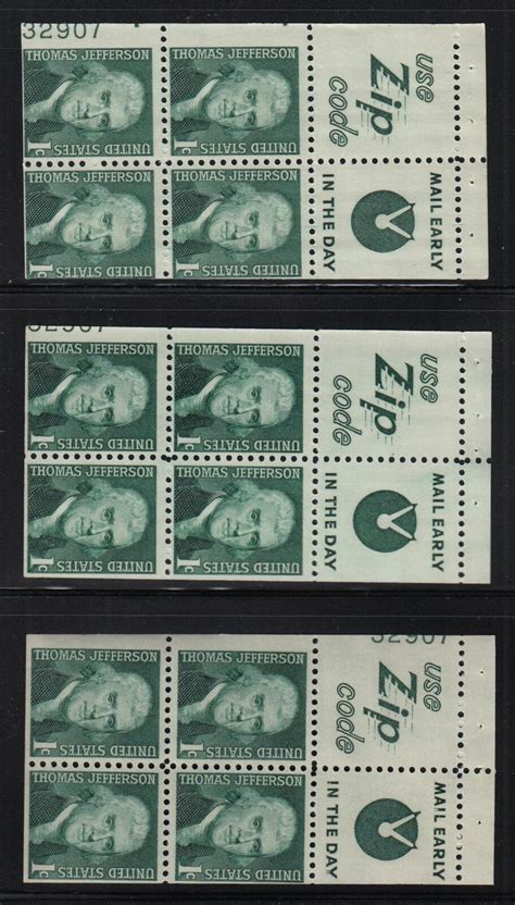 1971 Thomas Jefferson 1c Pane Of 4 Sc 1278b MNH Plate Number 32907 Lot