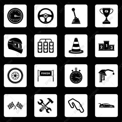 Racing Speed Icons Set In White Squares On Black Background Simple