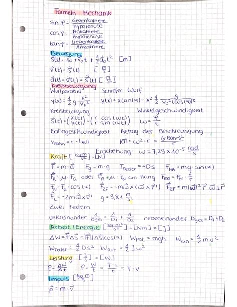 Eigene Formelsammlung Teilklausur Mechanik Formeln Mechanik Sn