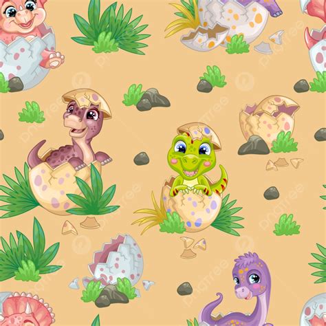 Happy Baby Dinosaurs Sitting In Eggs On Nature Isolated On Beige ...