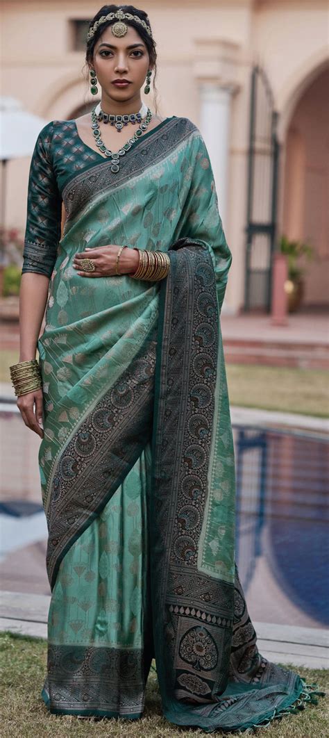 Reception Traditional Wedding Green Color Satin Silk Fabric Saree