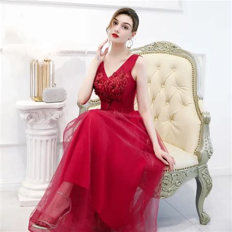 Chic Beautiful Red Evening Dresses A Line Princess V Neck