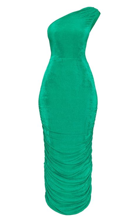 Bright Green Textured One Shoulder Dress Prettylittlething