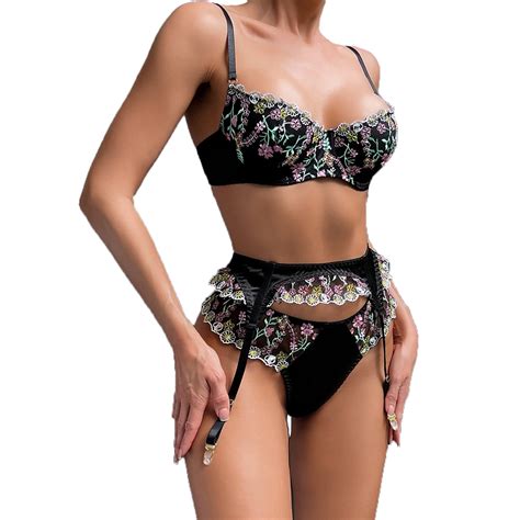 Tuwabeii Women S Black Lingerie Set Embroidered Flower Patchwork Satin