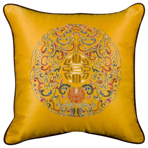 Gold Embroidered Longevity Motif Chinese Silk Pillow Asian