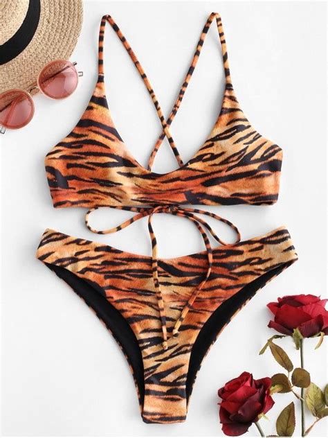 56 OFF 2020 ZAFUL Tiger Print Lace Up Reversible Bikini Swimsuit In