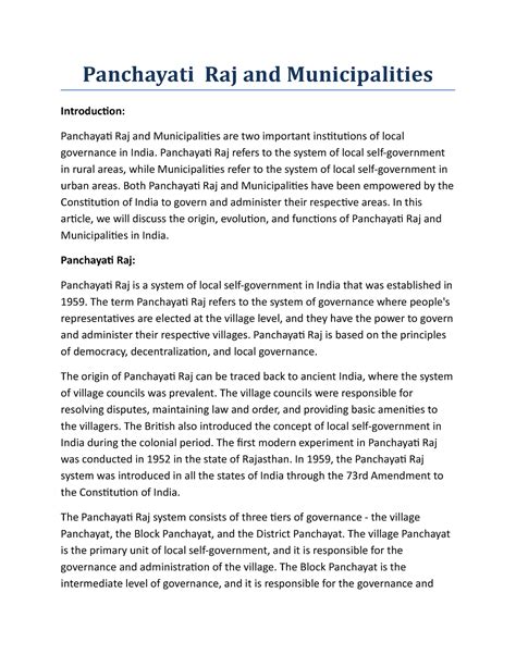 Panchayati Raj And Municipalities Panchayati Raj And Municipalities