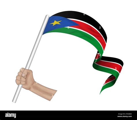 3D Illustration Hand Holding Flag Of South Sudan On A Fabric Ribbon