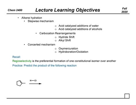 Ch 6 Lecture 2 09 Chem 2400 Lecture Learning Objectives 2020 Alkene