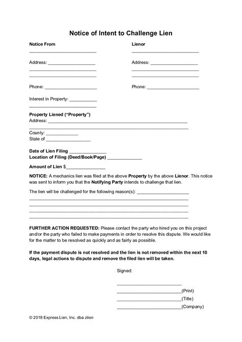 Notice Of Intent To Challenge Lien Form Free Template