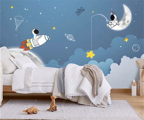 Space Child Room Wallpaper, Astronaut and Rocket in Space Wall Mural ...