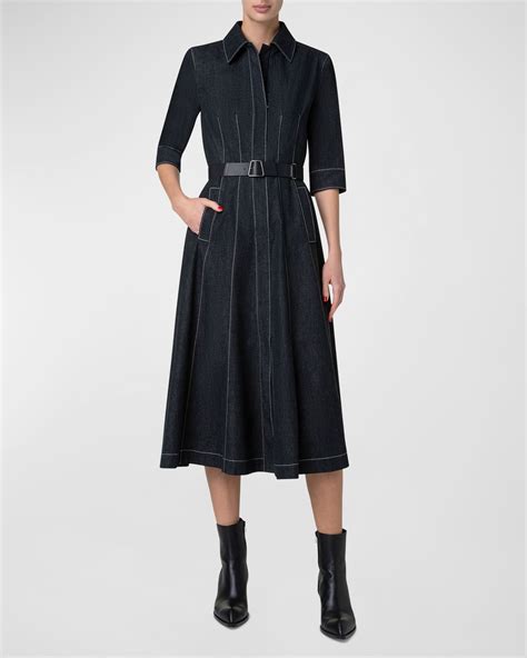 Akris Belted Cotton Denim Midi Dress With Contrast Stitching Neiman