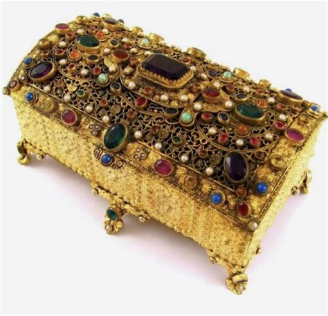 Antique Austrian Jewelry Encrusted Gilt Ormolu Jewelry Casket Box S