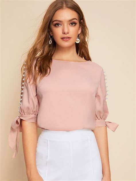 Shein Faux Pearl Self Tie Split Sleeve Top