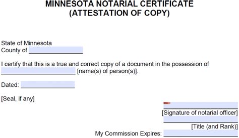 Free Minnesota Notarial Certificate Attestation Of Copy Pdf Word