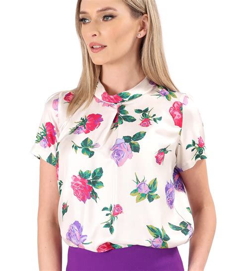 Natural Silk Blouse Printed With Floral Motifs Ivory Yokko