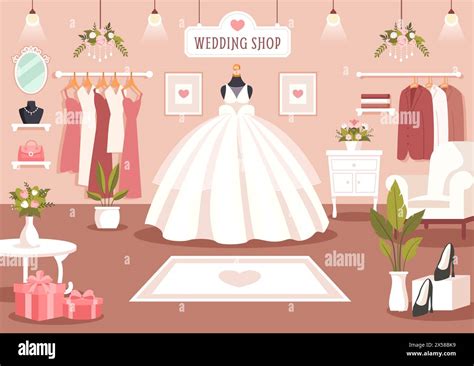 Wedding Shop Vector Illustration With Lover Looking For Jewellery