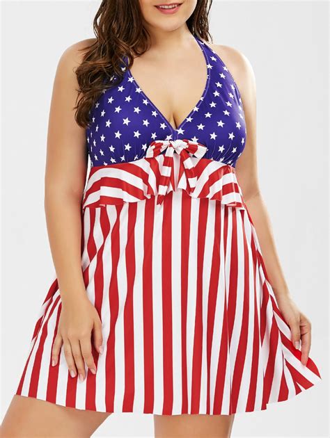 Halter American Flag Print Plus Size One Piece Patriotic Swim Dress