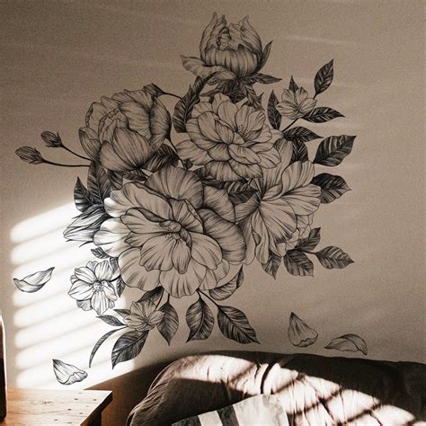 amazoncom runtoo black  white floral wall decals peony flower wall