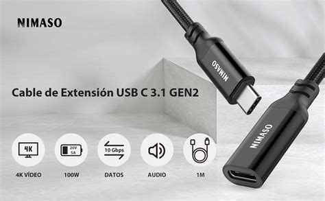 Nimaso Cable Usb C 31 Gen2 Extensión 1m Alargador Usb C Macho A Hembrathunderbolt3 100w