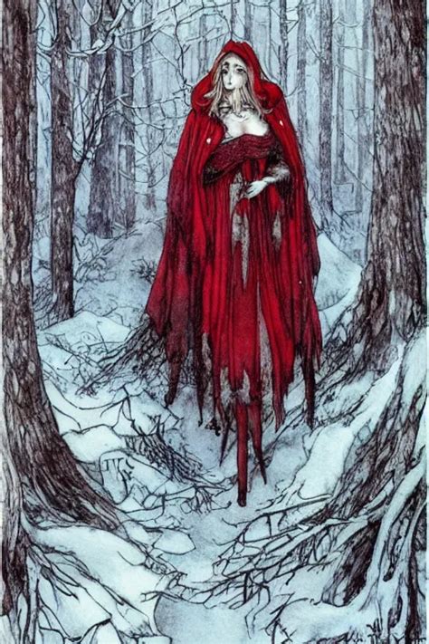 Detailed Red Riding Hood Lost In A Winter Forest Stable Diffusion