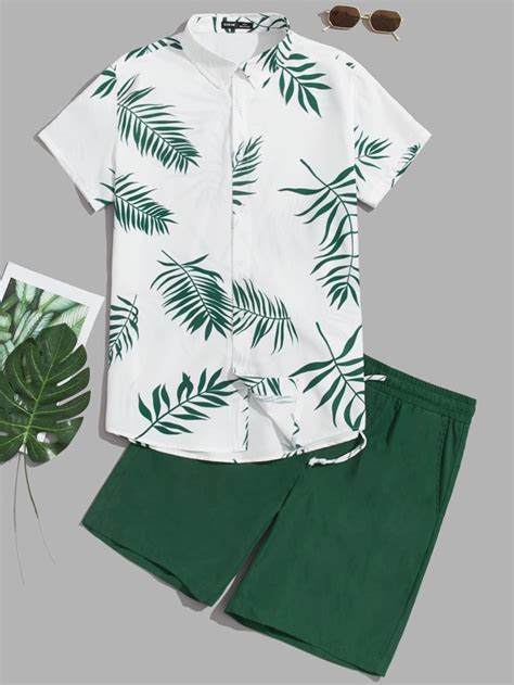 Manfinity RSRT Men Tropical Print Shirt Drawstring Waist Shorts Set