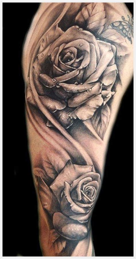 Stunning Very Detailed Black And White Roses With Water Drops Tattoo On