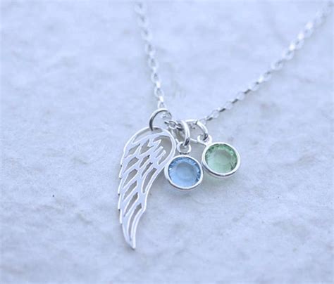 Sterling Silver Angel Wing Necklace Initial And Birthstone Etsy