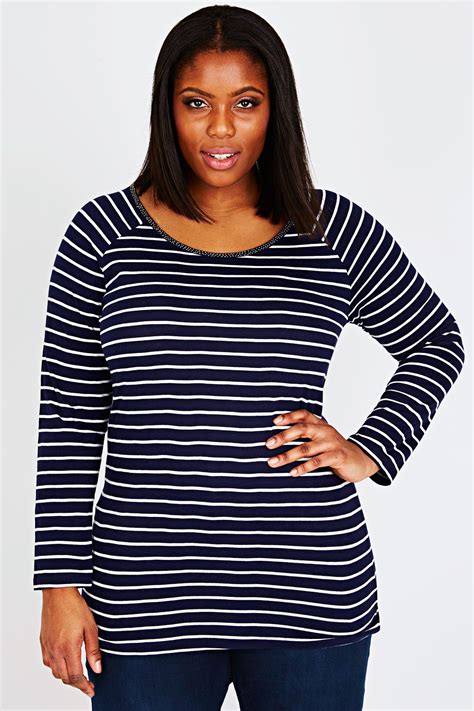 Navy And White Stripped Long Sleeve Top With Embellished Neckline Plus