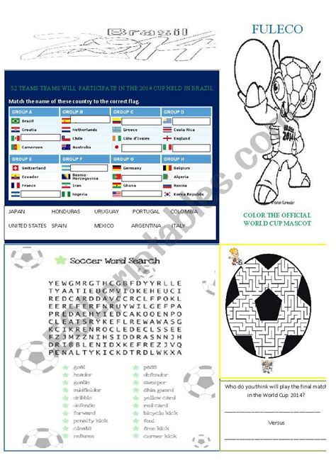 World Cup 2014 Brazil Esl Worksheet By Lynetteaav