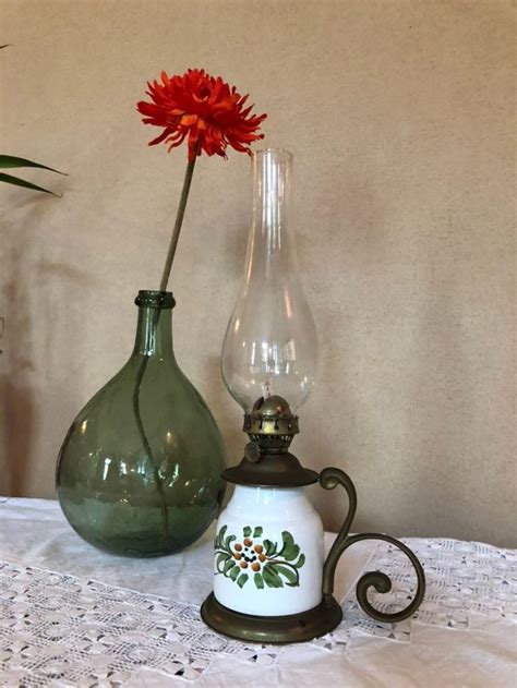 Lampe Ancienne P Trole En C Ramique Fleurie Et Laiton Etsy France