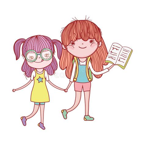 Cute Girl With Glasses And Girl With Open Book Isolated Icon Stock