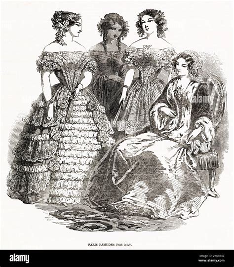 Four Women Waering The Latest Fashions Of May 1850 Date 1850 Stock