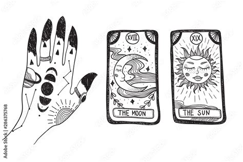 Witch's hand with tattoos, stars and moon phases. Tarot cards. Tattoo sketch. Vector graphic ...