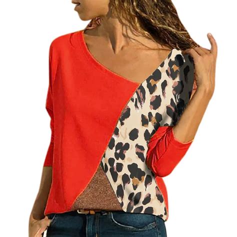 Plus Size Leopard Patchwork Blouse Women Shirts Color Block Long Sleeve