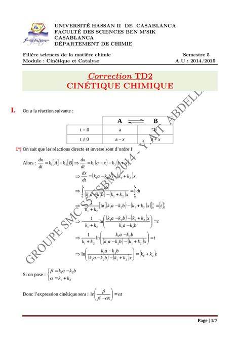 Corrig Td Cin Tique Chimique Smc S Par Hp Fichier Pdf